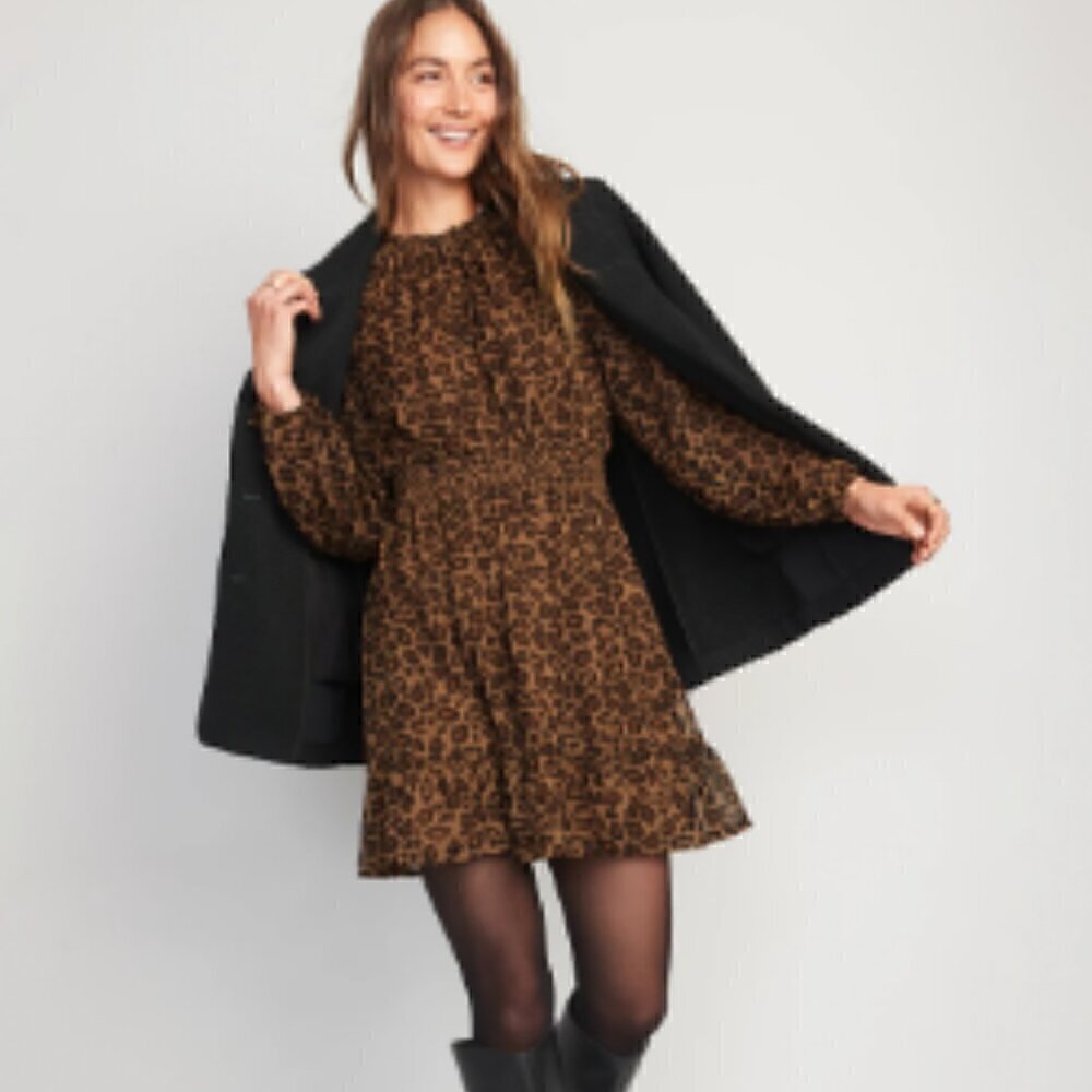 NWT New Old Navy Animal Print Smocked Long Sleeve Mini Dress Size Small Lined - Picture 2 of 14